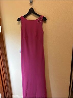 Kay Unger Fuchsia Beaded Shoulder Maxi Dress